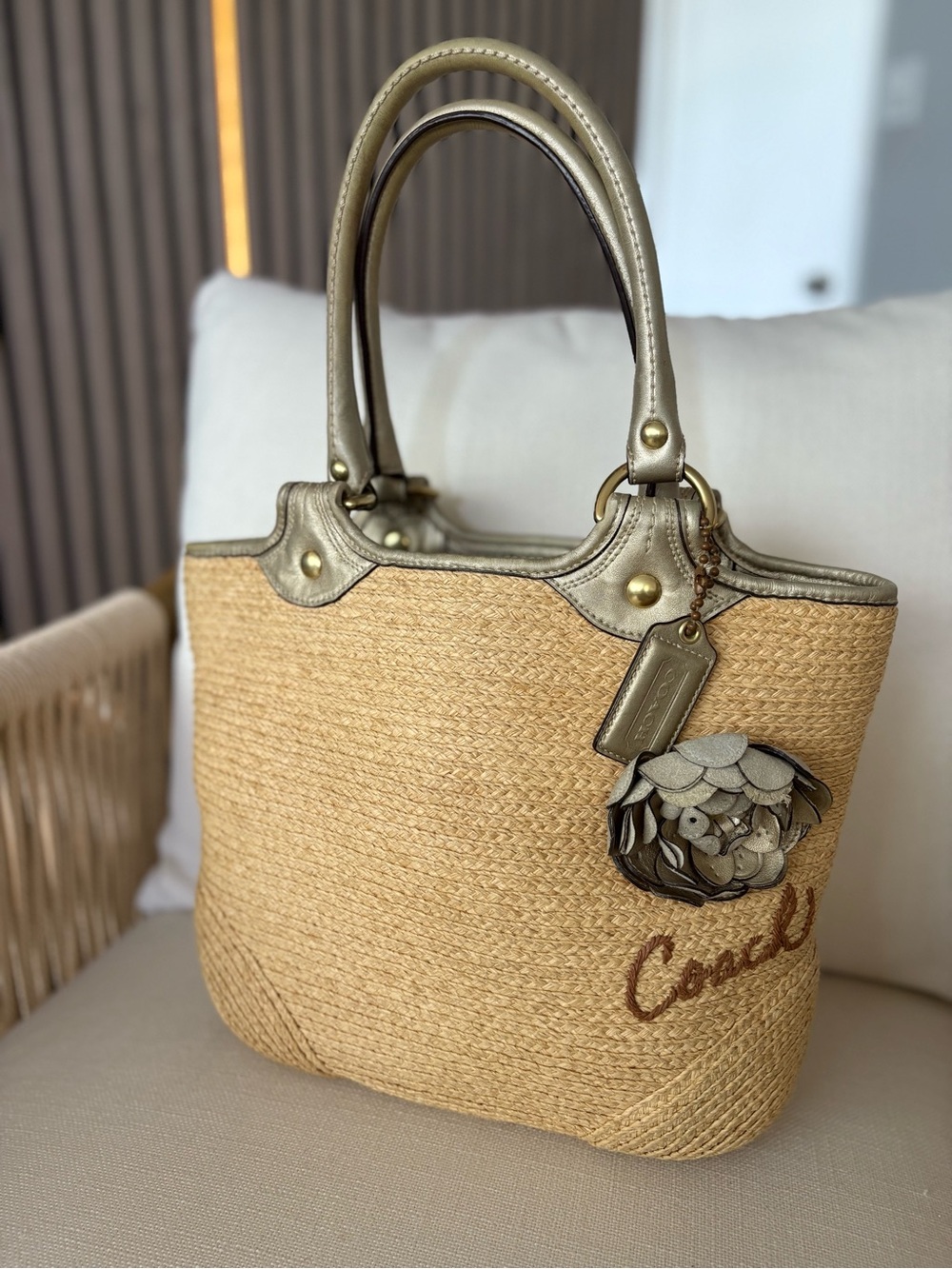 COACH Bleeker Natural Straw Tote Bag Leather Flower & Straps Woven M9088-F13373